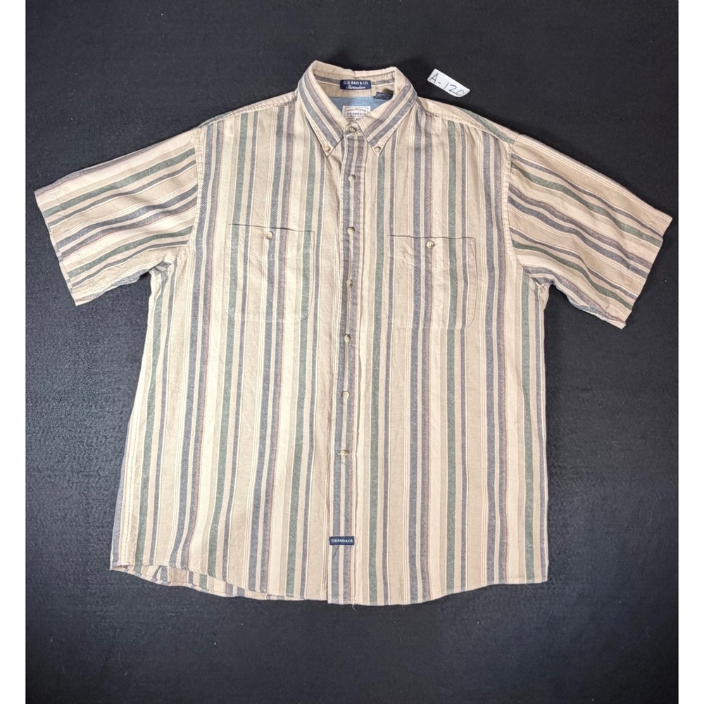GH Bass & Co Mens Large Short Sleeve Button Down Striped Cotton Shirt Tan Blue